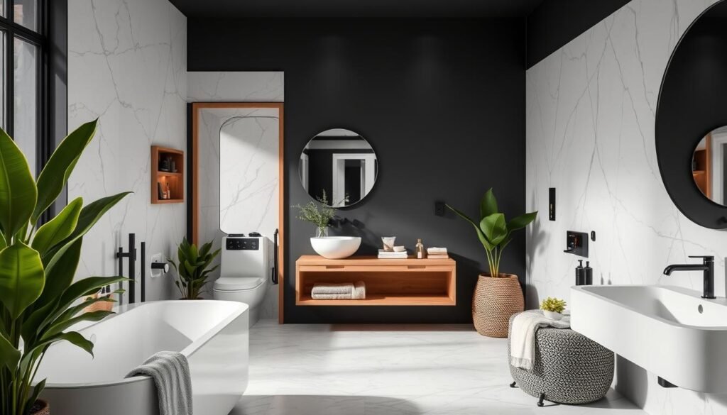 Black and white bathroom decor ideas with natural elements