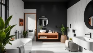 Black and white bathroom decor ideas with natural elements