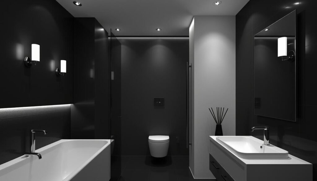 Black and white bathroom lighting
