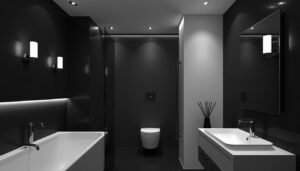 Black and white bathroom lighting