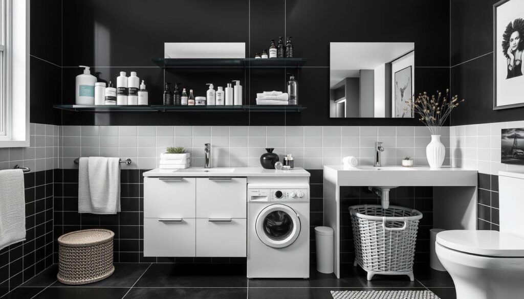 Black and white bathroom organization