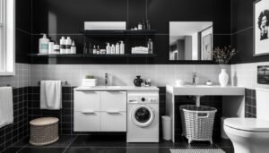 Black and white bathroom organization