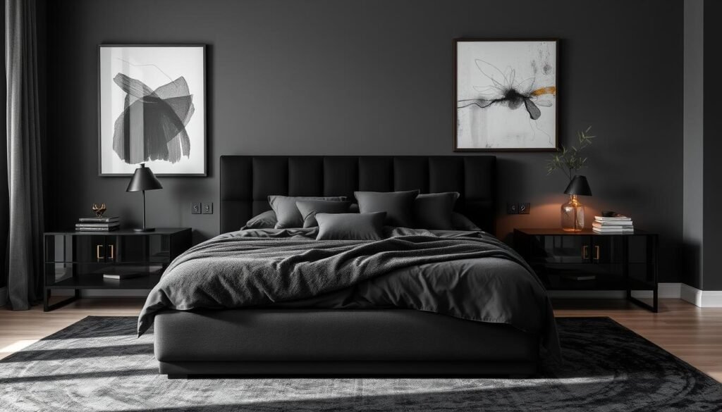 Black bedroom decor ideas with art
