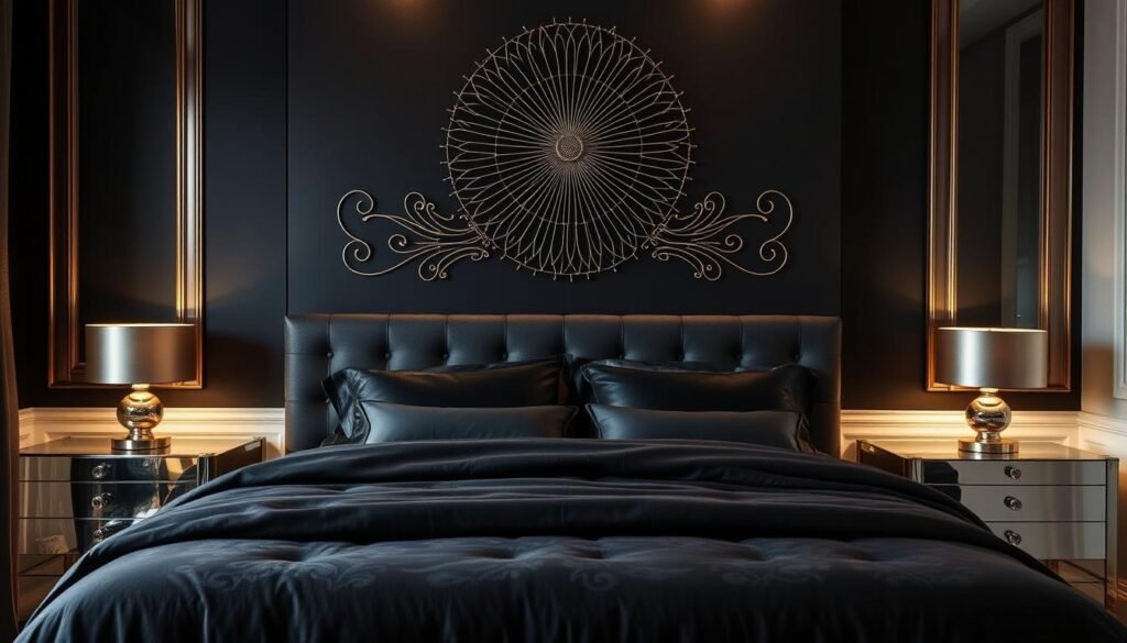 Black bedroom design ideas with metallic accents