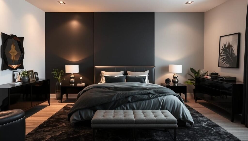 Black bedroom ideas with accent wall
