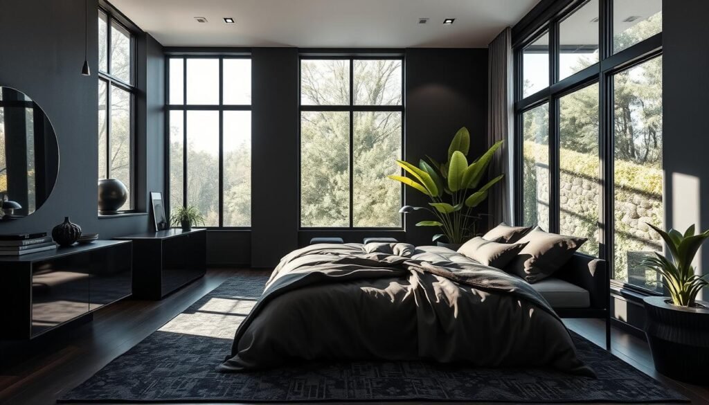 Black bedroom with natural light