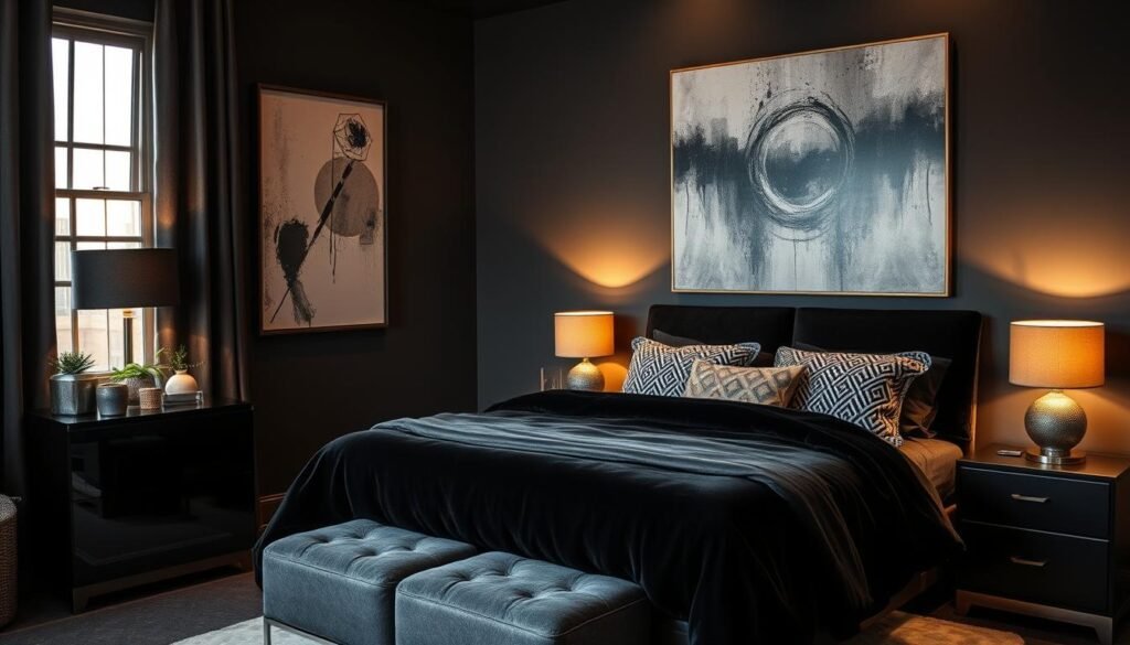Black bedroom with visual interest