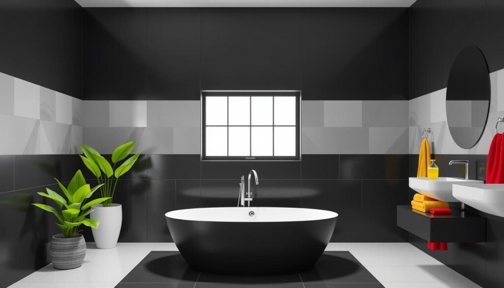 Color accents in black and white bathroom