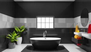 Color accents in black and white bathroom