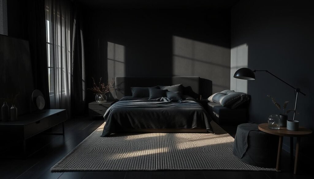 Textural elements in black bedroom