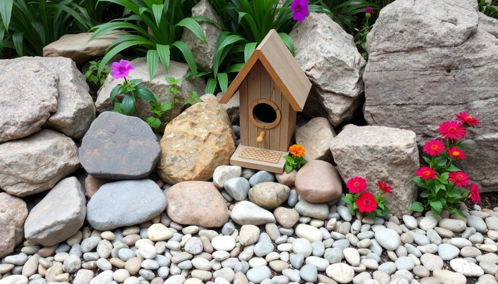 natural stone elements around birdhouse natural stone elements around birdhouse
